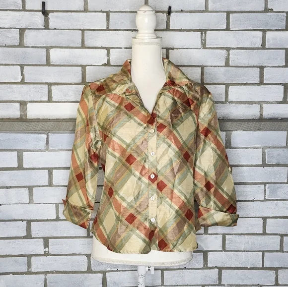 • Selene Sport Women's 3/4 Sleeve Plaid Button Up Blouse Medium Gold Multicolor - Picture 2 of 11